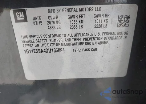 2016 Chevrolet Malibu Limited Ltz из США, поврежденный, VIN 1G11E5SA4GU105094